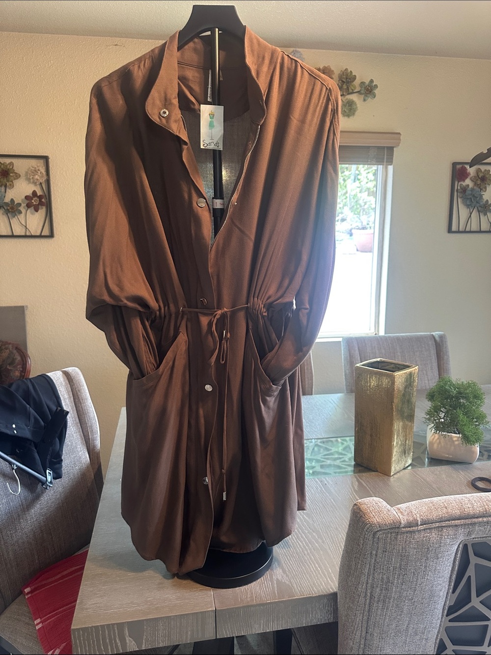 Brown Drawstring Waist Women's Dress zipper, and button front
